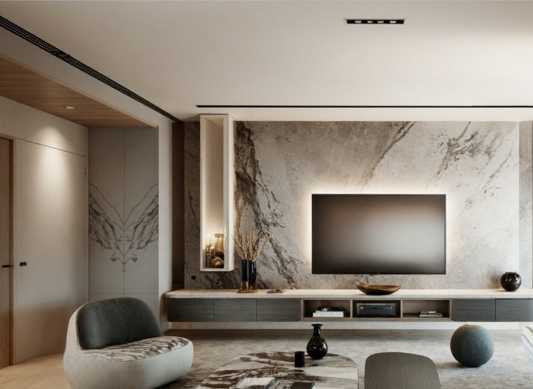 從大理石、金屬線條到燈光層次，輕奢風電視牆不只是背景，更是生活品味的展現。適合小坪數空間或風格轉換，為客廳注入低調奢華的視覺焦點。
